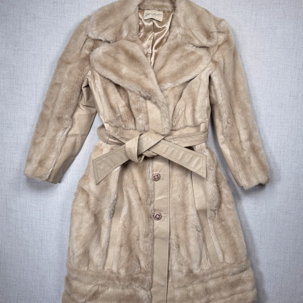 Vintage Lord & Taylor Tissavel Faux Fur Long Coat Beige Belted Button Front Sz S